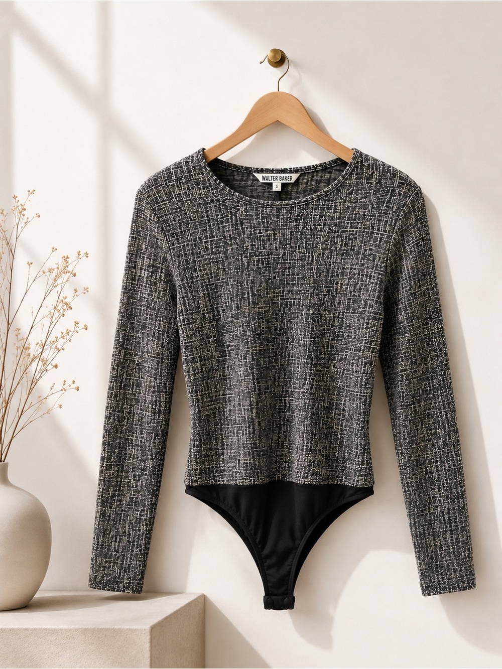 Walter Baker Gray Skylar Tweed Long Sleeve Bodysuit